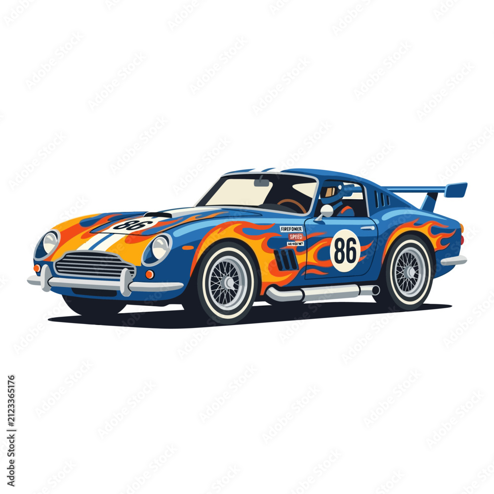 Fototapeta premium Vintage Blue Race Car with Fiery Flames and Number 86 Graphic