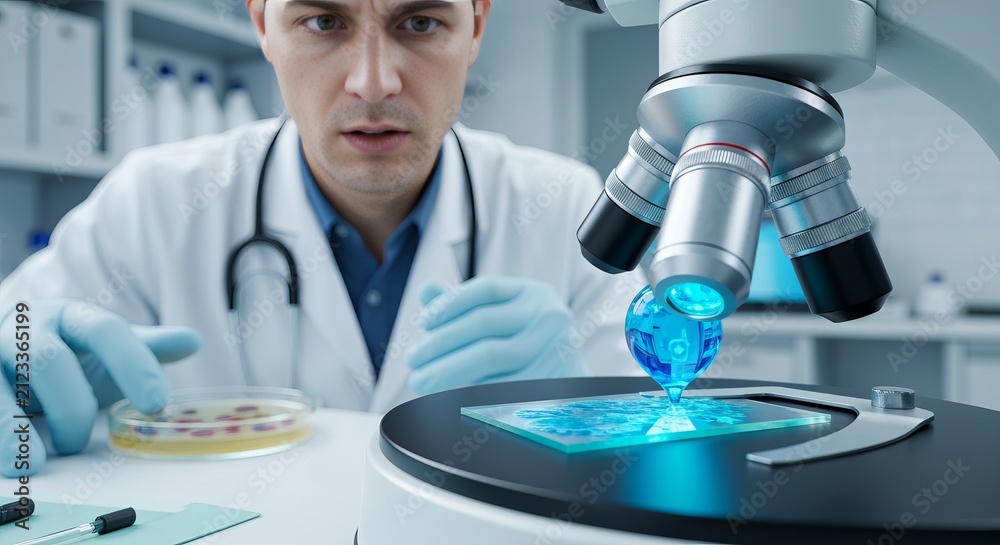 Fototapeta premium A Close Professional Medical Scientist Observing A Microscopic Laboratory Specimen Under Light