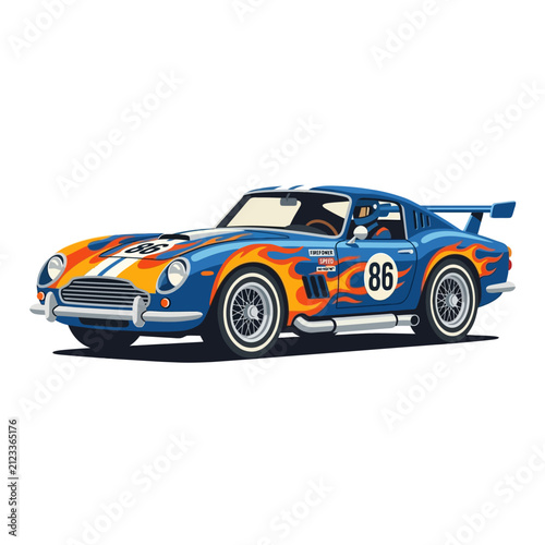 Vintage Blue Race Car with Fiery Flames and Number 86 Graphic
