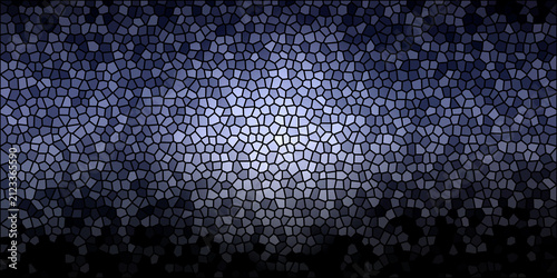Abstract blue stained glass mosaic pattern with soft light dispersion.