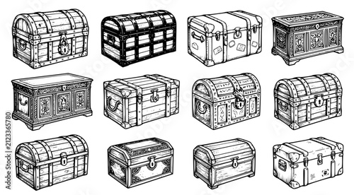 Vintage treasure chests and antique wooden storage trunks set featuring ornate details and pirate style motifs