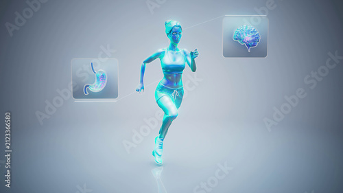 Conceptual 3D illustration of a fit woman running with brain-gut axis hormones