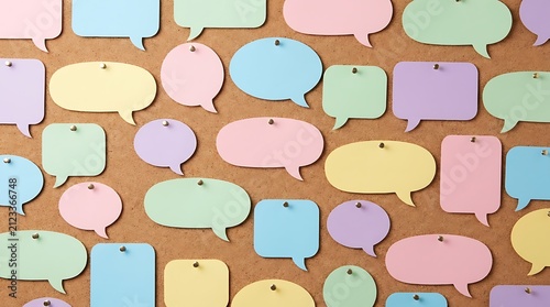 Colorful paper speech bubbles pinned on cork board for creative brainstorming