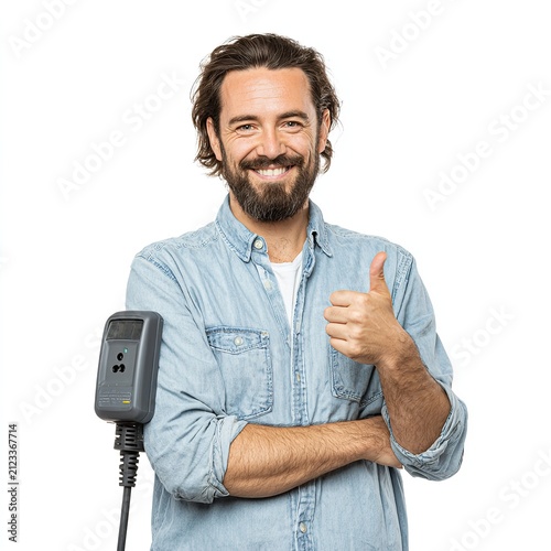Smiling Bearded Man Showing Thumbs Up Holding EV Electric Vehicle Charging Cable Connector Station Stock Photo Concept