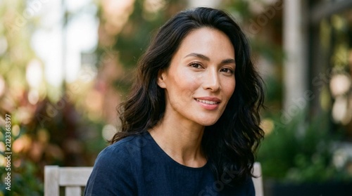Elegant woman with angular facial features and glowing skin smiling in soft natural outdoor light, close-up portrait capturing serene beauty and confident poise