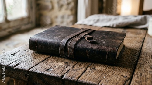 Vintage dark leather journal with wrap-around leather strap resting on rustic weathered wooden table, natural window light, warm cozy ambiance, blank pages, handcrafted bohemian style