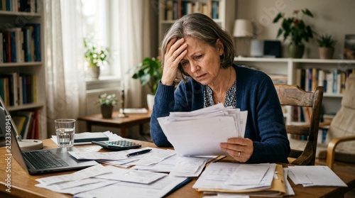 Stressed mature woman reviewing messy financial papers and bills at cluttered home desk with laptop, calculator, and scattered documents, conveying money worries and anxiety