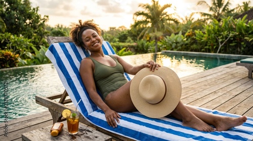 African American woman lounging on striped towel by sunlit pool, holding wide-brim straw hat with tropical resort backdrop and refreshing iced drink