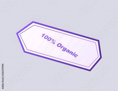 Purple 100 percent organic label tag icon with isometric perspective for healthy food products and natural grocery shopping items