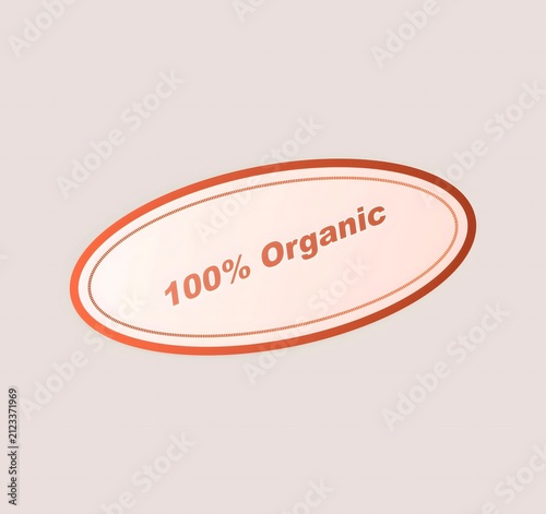 Red oval badge with 100 percent organic text label for natural food and healthy product certification and eco friendly branding