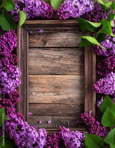 Wooden frame surrounded by purple flowers and green leaves