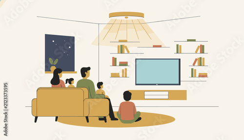 Happy family with two young kids enjoying a movie night together in a cozy and beautifully lit home living room.