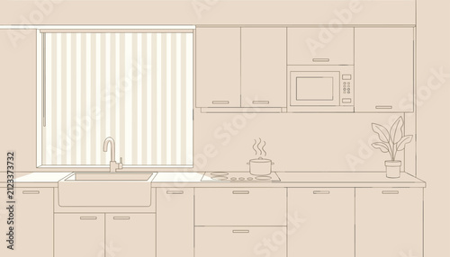 Minimalist line art kitchen design showcases sleek cabinets, a sink under a window with blinds, a stove, and modern appliances.