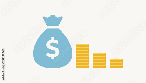 Blue money bag with a white dollar sign stands next to three stacks of gold coins, symbolizing wealth and financial growth.