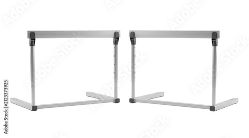 Two athletics training hurdles with metallic frames and angled supports on transparent background hurdle track field