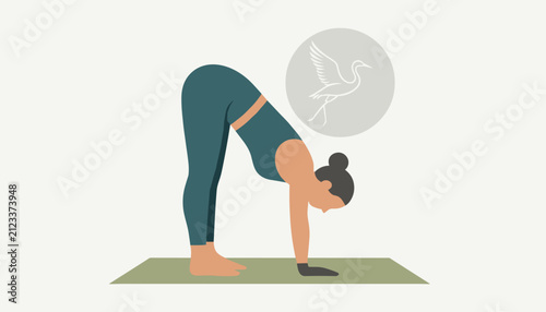 Female yogi practices a standing forward bend pose on a green yoga mat, symbolizing crane pose stability and inner peace.