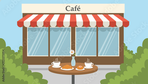 Charming outdoor cafe facade with striped awning, large glass windows, and a table set with hot coffee, croissant, and donut.