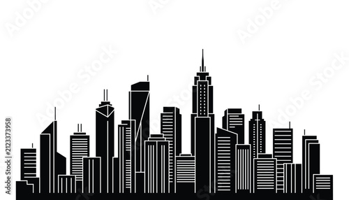 Minimalist black silhouette of a modern city skyline with towering skyscrapers, suitable for architectural logos and urban designs.