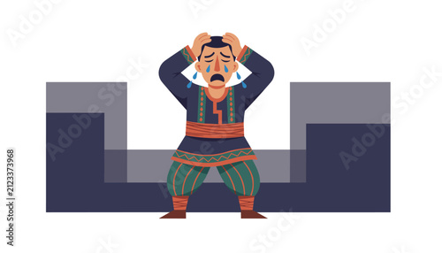 Sad man in traditional outfit sitting on a stone bench and crying with tears running down his face as he holds his head.
