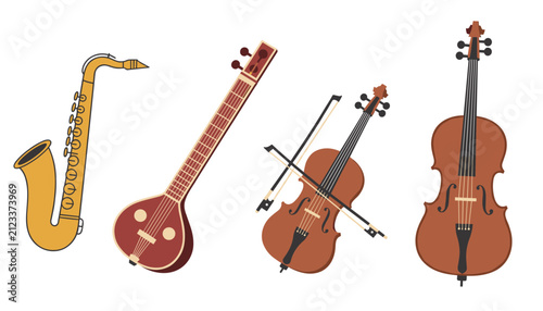 Collection of classical and traditional musical instruments including a saxophone, sitar, violin with bow, and double bass on a white background.
