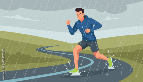 Determined athletic male runner jogging on a winding road during a heavy rainstorm with a cloudy grey sky.