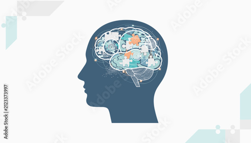 Concept of mental health and psychology with a human head silhouette containing complex brain puzzle pieces.