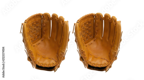 Two baseball gloves with detailed lacing and padding presented on transparent background glove mitt catcher fielder