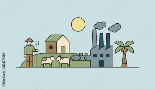 Conceptual infographic of agricultural supply chain connecting a local farm to an industrial processing factory.