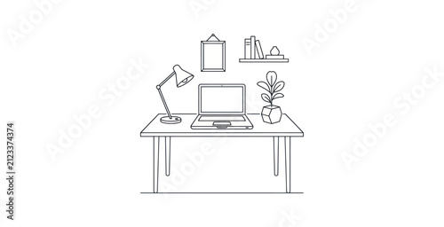 Minimal Workspace Desk Illustration with Laptop and Lamp