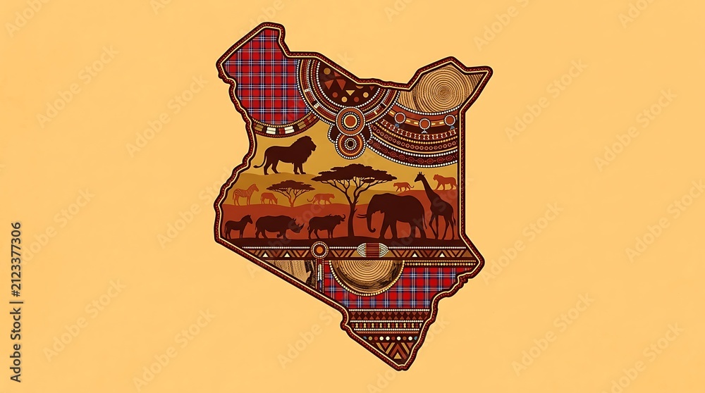 Obraz premium Stylized Map of Kenya with African Wildlife and Tribal Patterns