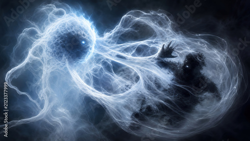 Fantasy ghost spirit energy magic smoke darkness horror ethereal ghost spirit formed from swirling energy smoke darkness confronting shadow figure
