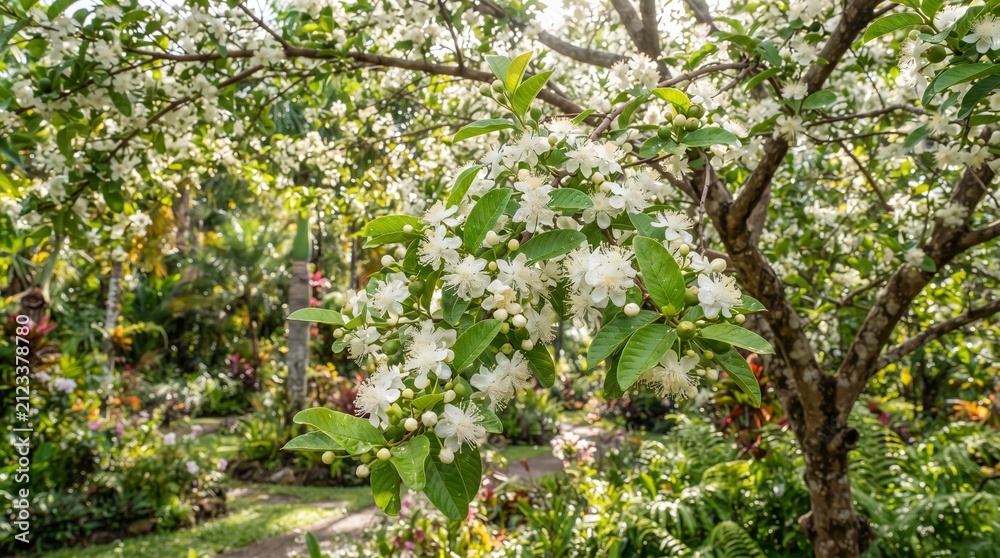 Obraz premium Blooming guava tree with white flowers for tropical gardens, pollination, sustainable agriculture and botanical concepts