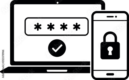 Secure login authentication icon with laptop and smartphone for cybersecurity concepts