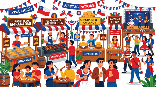 Chilean National Holidays Celebration Fiesta Patria Food Stalls and People Dancing and Enjoying Traditional Chilean Cuisine and Music