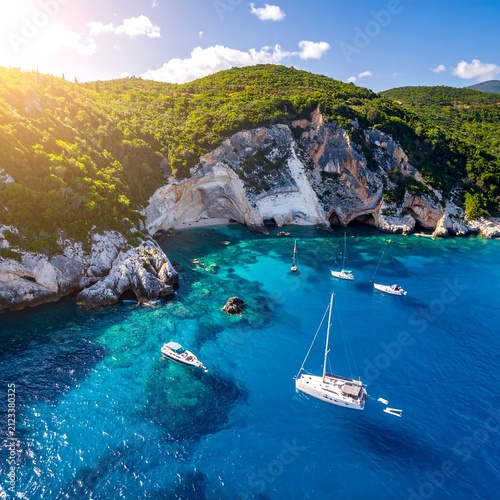 A serene aerial view of sailboats in a vibrant blue cove surrounded by lush green cliffs