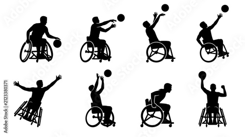 Set of silhouettes of people playing wheelchair basketball in various action poses, inclusive sports, adaptive athletics, paralympic competition