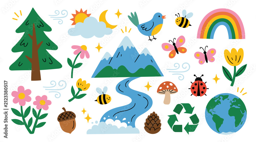 Obraz premium Set of nature themed elements including mountains, trees, flowers, insects and planet earth, environmental icons for decor, school projects, nature