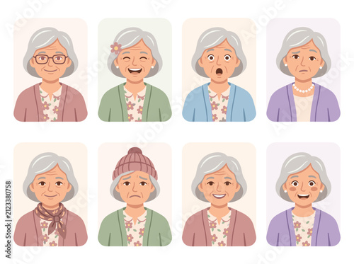 Elderly woman character avatars with various facial expressions