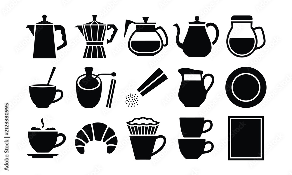 Obraz premium Set of coffee and tea silhouette icons for restaurant menu cafe graphics.