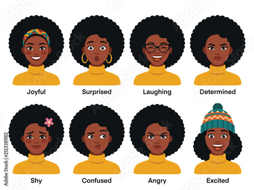 African american woman character illustration and avatar portrait set