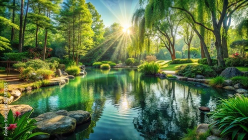 A serene oasis unfolds as sunlight dances across a tranquil parks lush greenery reflecting majestically off its crystal pond