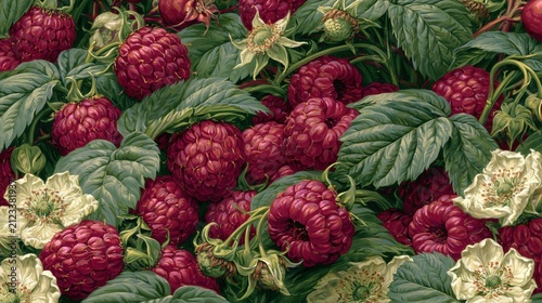 Ripe crimson berries and delicate white blossoms are depicted in a rich, verdant botanical arrangement.
