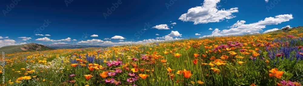 Obraz premium Colorful wildflowers bloom under a bright blue sky with scattered clouds across a vast meadow landscape.