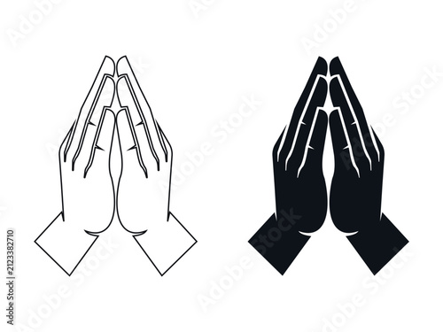 Foto Pair of praying hands depicted as a line drawing and a solid black silhouette is