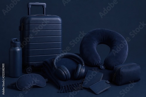 Monochrome dark blue travel concept with suitcase, neck pillow, headphones, and travel accessories.