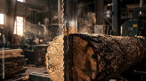 Heavy-duty band saw blade cutting through a large raw wooden log with flying sawdust in a sunlit sawmill for industrial timber production and woodworking concept