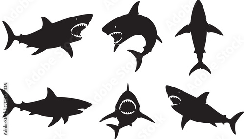 Great White Shark Silhouette Set – Black Shark Vector Collection with Swimming, Top View and Open Mouth Poses