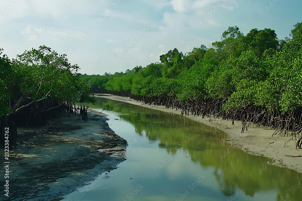 Fototapeta premium Serene Mangrove Forest River Landscape with Lush Green Trees and Calm Water.