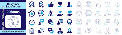 Customer Satisfaction flat and outline icon set for business feedback, featuring positive review, star rating, thumbs up, heart badge, and survey checklist.