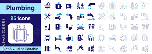 Heating and plumbing flat and outline icon set for home maintenance, featuring radiator, boiler, plumber, pipe valve, sink, and thermostat control.